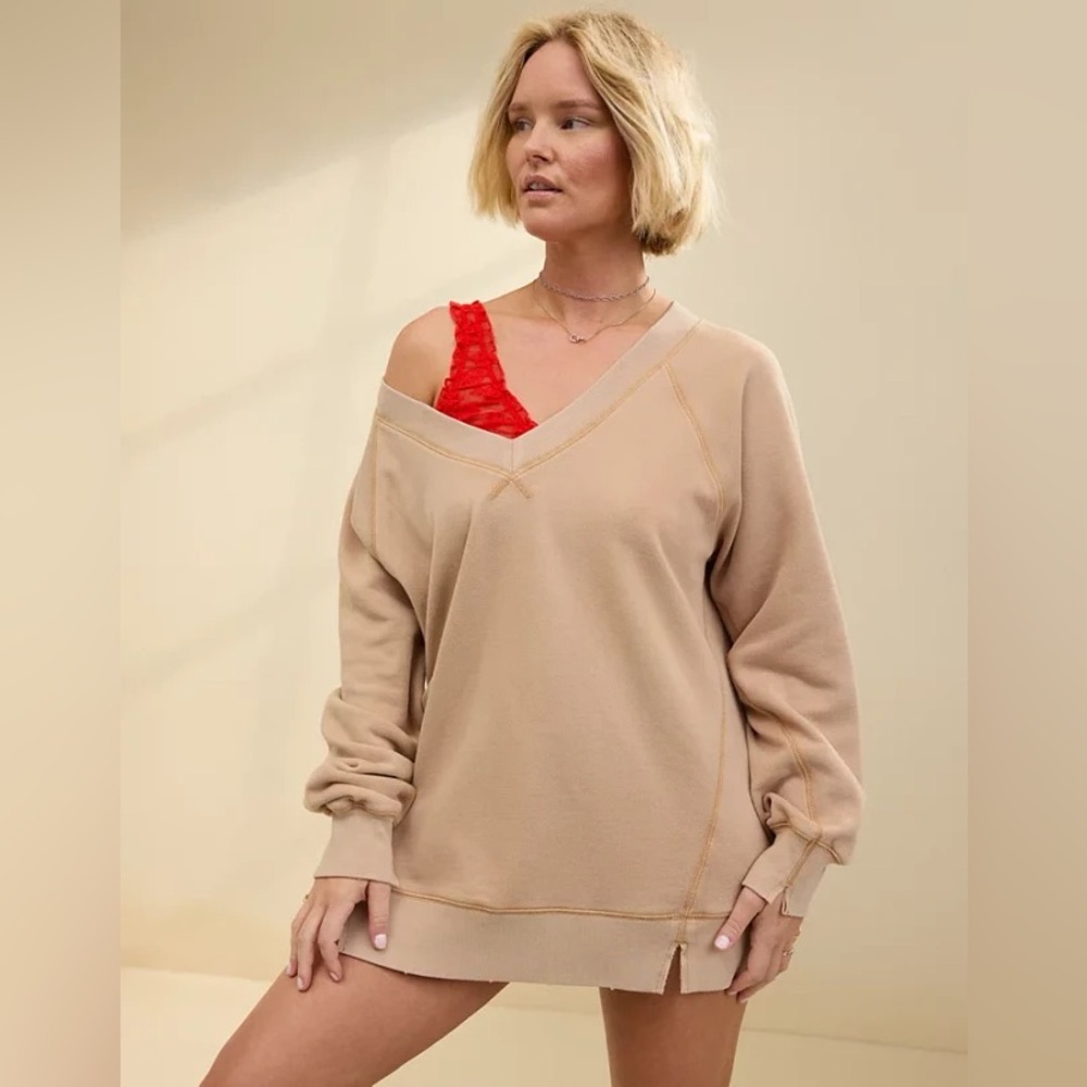 Aerie Downtime Textured V-Neck Sweatshirt size small